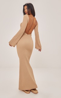 PrettyLittleThing Платье макси с каменной текстурой и овальным вырезом на спине с длинными рукавами