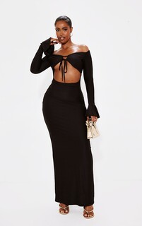 PrettyLittleThing Черное облегающее платье макси с длинными рукавами и вырезами