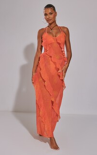 PrettyLittleThing Оранжевое пляжное платье макси из сетчатой ​​ткани с принтом омбре и рюшами