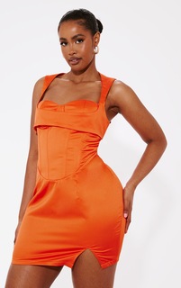 PrettyLittleThing Мини-платье с оранжевым структурированным атласным корсетом