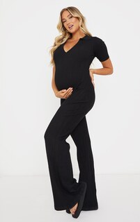 PrettyLittleThing Черный вязаный комбинезон-поло в рубчик с короткими рукавами и широкими штанинами для беременных