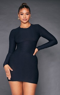 PrettyLittleThing Черное облегающее платье с длинными рукавами и круглым вырезом с текстурой