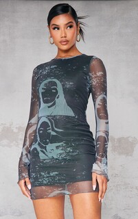 PrettyLittleThing Темно-угольное облегающее платье из сетчатой ​​ткани с длинными рукавами и принтом лица