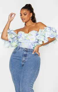 PrettyLittleThing Белый укороченный топ с пышными рукавами и цветочным принтом Plus