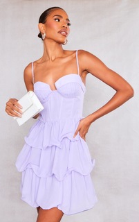 PrettyLittleThing Сиреневое шифоновое облегающее платье со складками и чашками с оборками