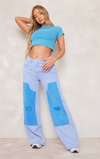 PrettyLittleThing Выстиранные синие джинсы прямого кроя со вставками