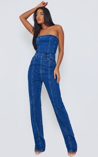 PrettyLittleThing Высокий джинсовый комбинезон-бандо среднего синего цвета с прямыми штанинами