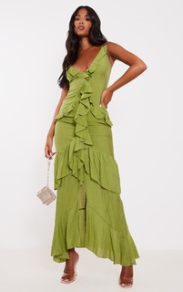 PrettyLittleThing Фактурное платье макси Tall оливкового цвета с оборками