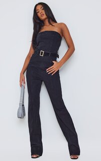PrettyLittleThing Высокий черный джинсовый комбинезон-бандо с прямыми штанинами