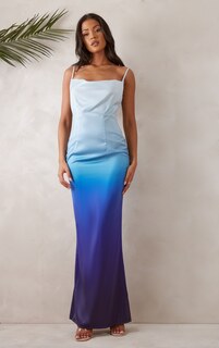 PrettyLittleThing Высокое синее атласное платье макси с эффектом омбре