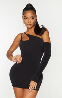 PrettyLittleThing Черное обтягивающее облегающее платье с одним рукавом и рюшами