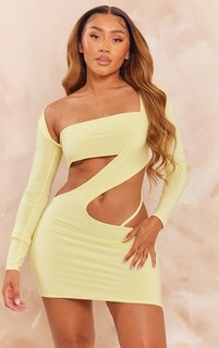 PrettyLittleThing Желтое обтягивающее облегающее платье с длинными рукавами и вырезами