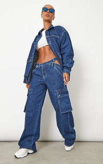 PrettyLittleThing Темно-синие джинсы-карго с асимметричным поясом и вытертыми вырезами