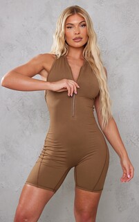 PrettyLittleThing Комбинезон-борцовка с молнией спереди Caramel Sculpt