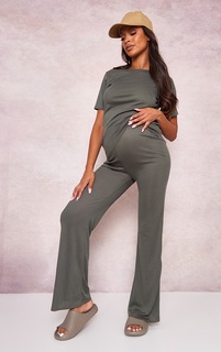 PrettyLittleThing Оливковые вязаные широкие расклешенные брюки для беременных