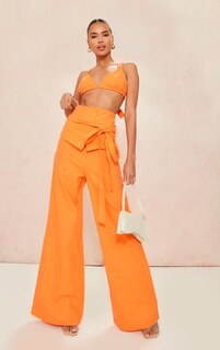 PrettyLittleThing Ярко-оранжевые широкие брюки с завышенной талией и льняным эффектом