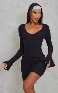 PrettyLittleThing Черное платье-рубашка с глубокими расклешенными рукавами в рубчик с начесом