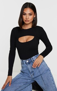 PrettyLittleThing Черное боди с вырезами и утепленными рукавами в рубчик