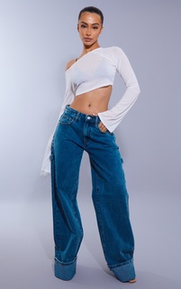 PrettyLittleThing Широкие джинсы Petite Vintage с ремешками