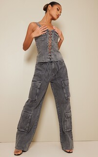 PrettyLittleThing Серые узкие широкие джинсы с карманами-карго и кислотной стиркой