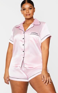 PrettyLittleThing Plus Розовый атласный пижамный комплект с карманами