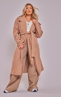 PrettyLittleThing Шерстяное пальто светло-коричневого цвета с поясом