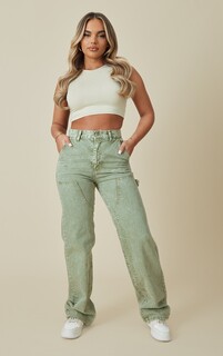 PrettyLittleThing Прямые джинсы цвета хаки со швами и вставками