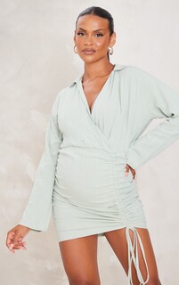 PrettyLittleThing Льняное платье-рубашка с глубоким вырезом и рюшами для беременных Sage