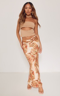 PrettyLittleThing Миниатюрная бежевая юбка мидакси с мягким узлом и цветочным принтом в стиле пэчворк спереди