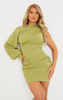 PrettyLittleThing Шалфейно-зеленое тканое облегающее платье с одним рукавом и рюшами