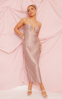 PrettyLittleThing Сиреневое атласное платье миди-бандо с V-образным вырезом и полосками