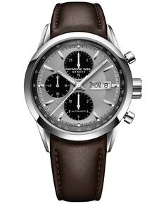 Мужские швейцарские автоматические часы с хронографом на коричневом кожаном ремешке, 42 мм Raymond Weil