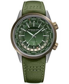 Мужские швейцарские автоматические часы Freelancer GMT с зеленым кожаным ремешком, 41 мм Raymond Weil