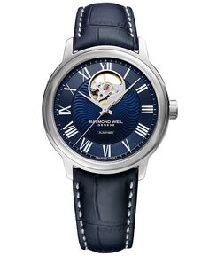 Мужские швейцарские автоматические часы Maestro с синим кожаным ремешком, 39,5 мм Raymond Weil