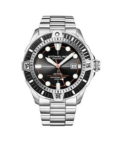 Мужские часы Aquadiver, серебристая нержавеющая сталь, черный циферблат, круглые часы 45 мм Stuhrling