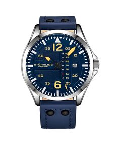 Мужские часы Aviator, синяя кожа, синий циферблат, круглые часы 51 мм Stuhrling