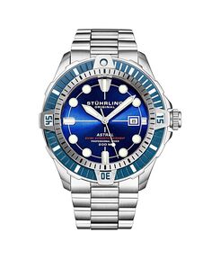 Мужские часы Aquadiver, серебристая нержавеющая сталь, синий циферблат, круглые часы 45 мм Stuhrling