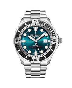Мужские часы Aquadiver, серебристая нержавеющая сталь, синий циферблат, круглые часы 45 мм Stuhrling