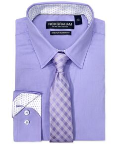 Мужская классическая рубашка-стрейч современного кроя и комплект с галстуком в клетку в тон Nick Graham
