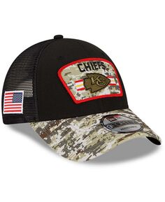 Мужская черная камуфляжная регулируемая кепка Kansas City Chiefs 2021 Salute To Service Trucker 9FORTY Snapback New Era