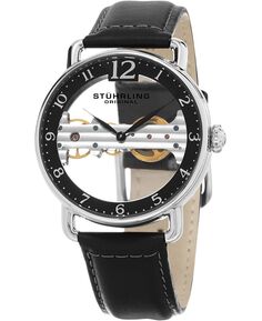 Мужские механические часы Bridge, серебряный корпус на черном ремешке из натуральной кожи, черный скелетонизированный циферблат с открытым мостовым механизмом, серебряный тон и черные акценты Stuhrling