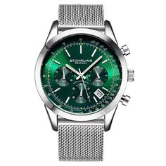 Мужские часы Monaco, серебристые, смешанные металлы, зеленый циферблат, круглые часы 44 мм Stuhrling