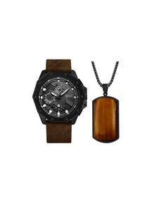 Подарочный набор мужских аналоговых коричневых кожаных часов 48 мм, 2 предмета American Exchange