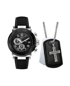 Мужские аналоговые часы с тремя стрелками, кварцевые, с черным кожаным ремешком, 44 мм, подарочный набор American Exchange