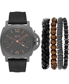 Мужские аналоговые часы с тремя стрелками, кварцевые, с черным кожаным ремешком, 44 x 53 мм, подарочный набор American Exchange