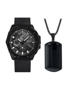 Мужские аналоговые часы с тремя стрелками, кварцевые, с матовым черным кожаным ремешком, 48 мм, подарочный набор American Exchange