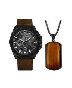 Мужские аналоговые часы с тремя стрелками, кварцевые, с матовым коричневым кожаным ремешком, 48 мм, подарочный набор American Exchange