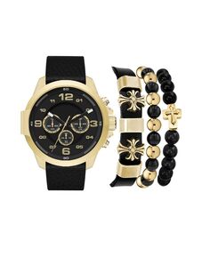 Мужские часы с хронографом, циферблат, кварцевый, черный кожаный ремешок, 46 мм, подарочный набор с различными штабелируемыми браслетами, набор из 4 шт. American Exchange