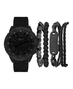 Мужские часы с кварцевым циферблатом, черный тканевый ремешок и разные черные штабелируемые браслеты, подарочный набор, набор из 5 штук American Exchange