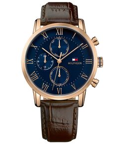 Мужские часы с хронографом, темно-коричневый кожаный ремешок, 44 мм Tommy Hilfiger
